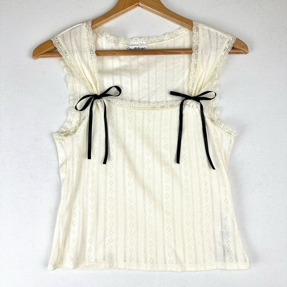 Miss Selfridge Pointelle Lace Trim Top with Ribbon Ties Coquette